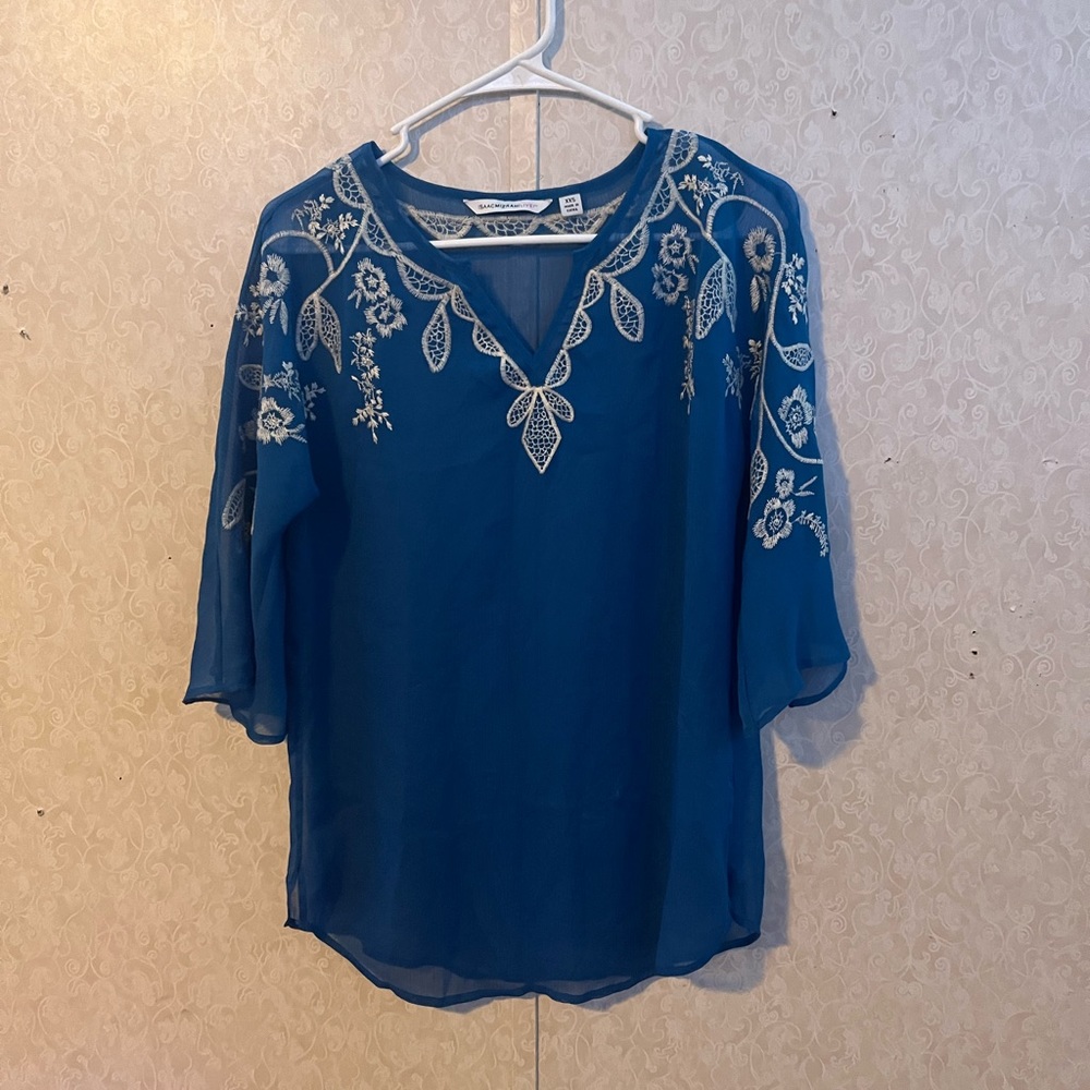 Blue sheer blouse with lace embroidery